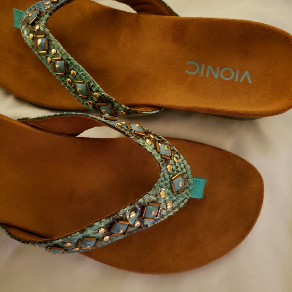 Vionic Turquoise Beaded Wedge Sandals